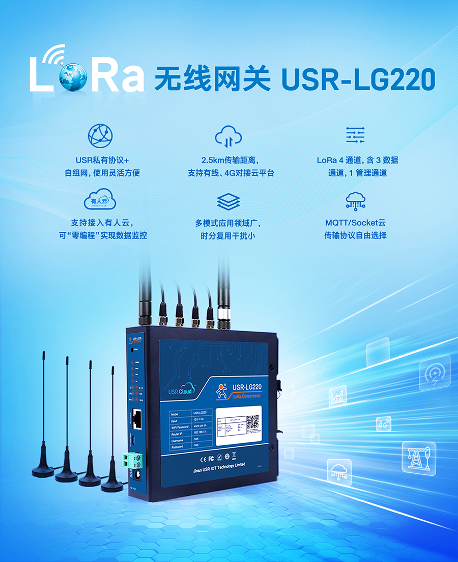 LoRa无线网关USR-LG220-L，私有协议组网便捷，支持凯发K8云，零编程数据监控